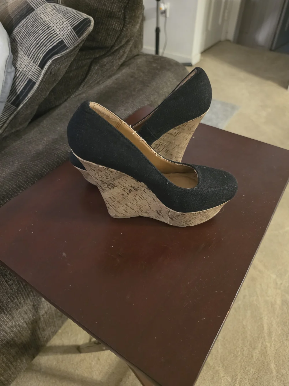 Black Cork Platform Wedge Pumps - Women